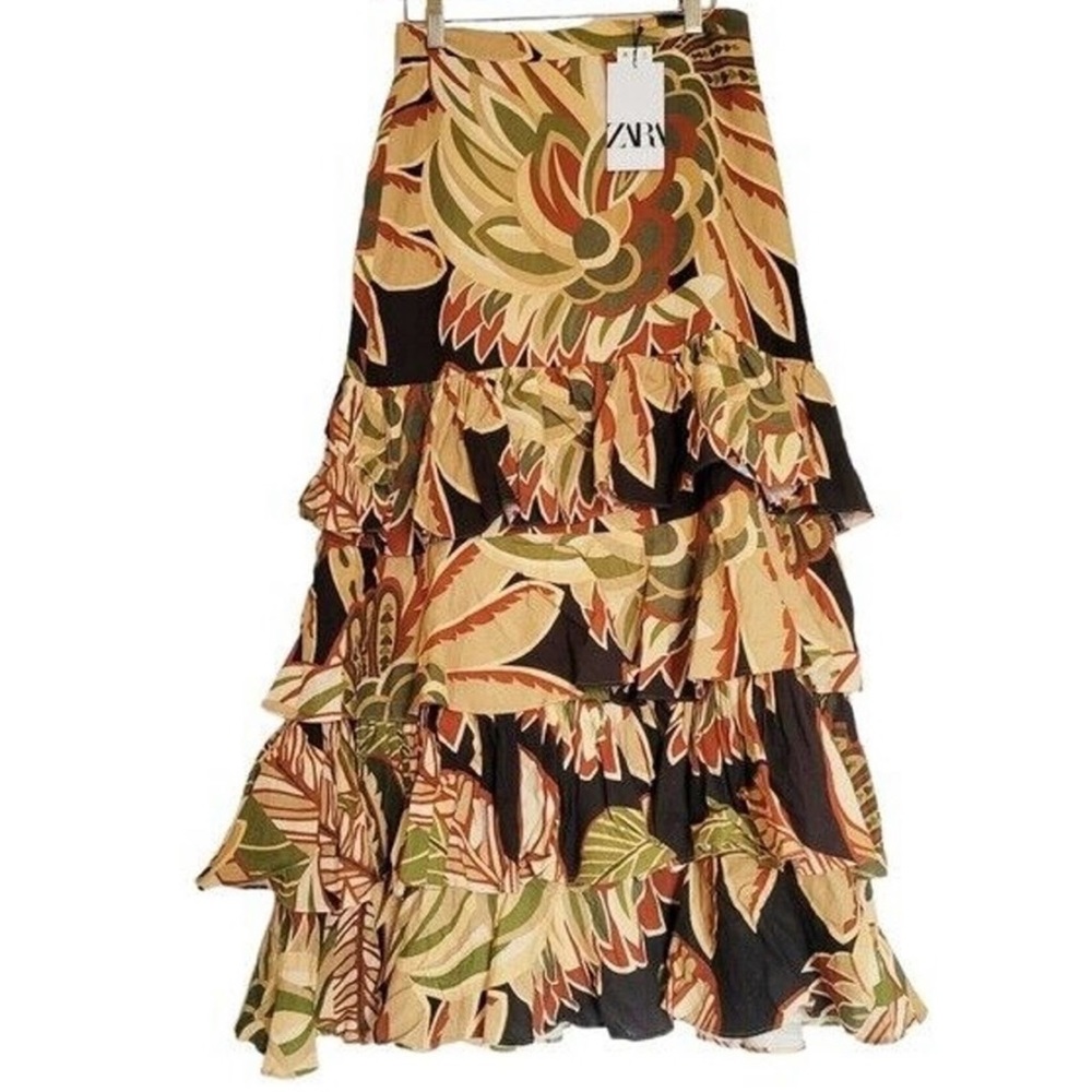 NWOT Zara Women's Linen Blend Tiered Floral Midi Skirt  Size M
